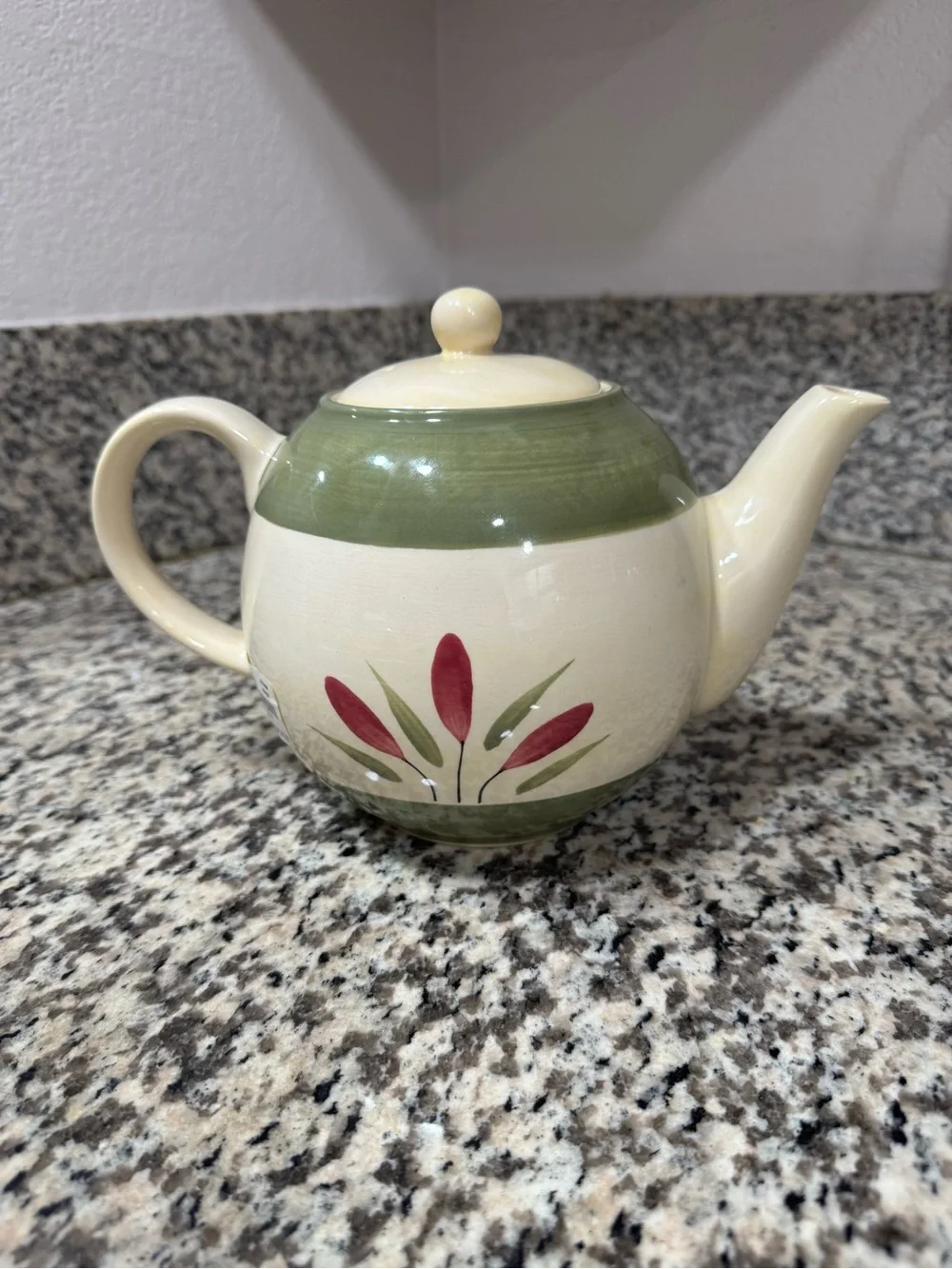Pier 1 Verona Cream and Green Ceramic Teapot with Red Floral Motif